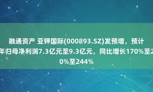 融通资产 亚钾国际(000893.SZ)发预增，预计上半年归母净利润7.3亿元至9.3亿元，同比增长170%至244%